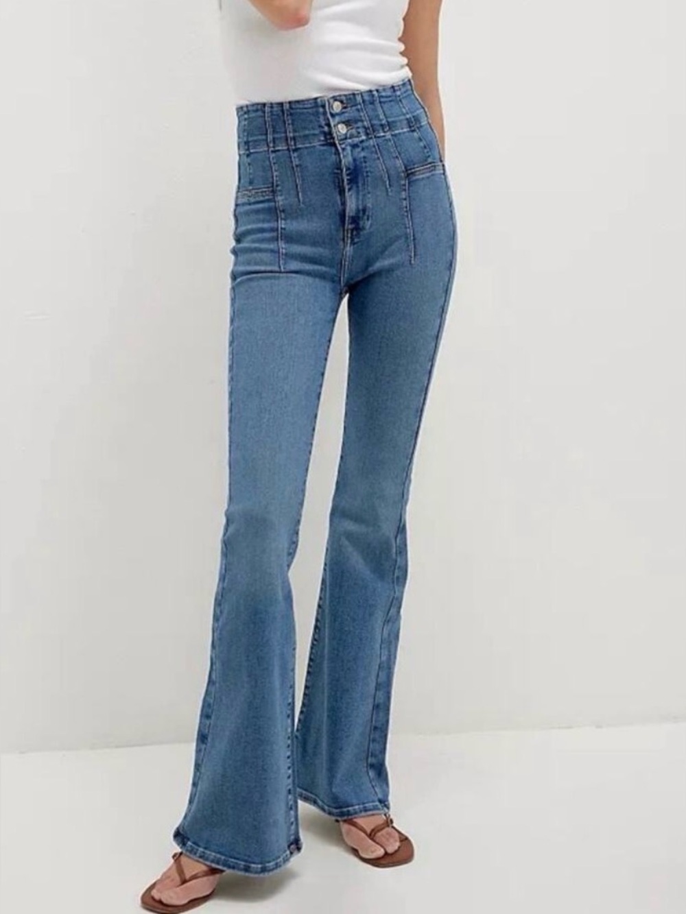 Free People We The Free Jayde Sunburst Blue Super High-Rise Flare Jeans Size 24